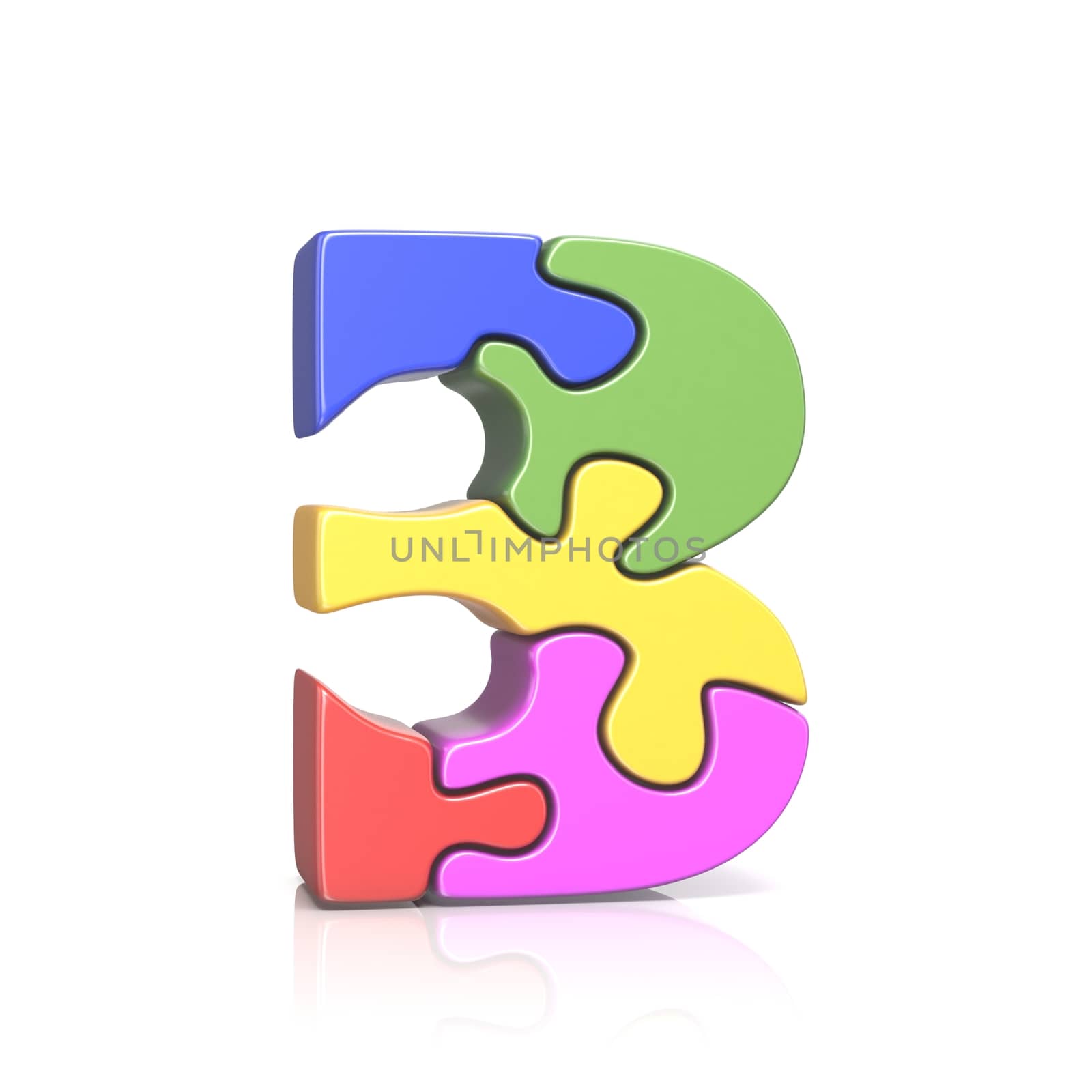 Puzzle jigsaw number THREE 3 3D render illustration isolated on white background