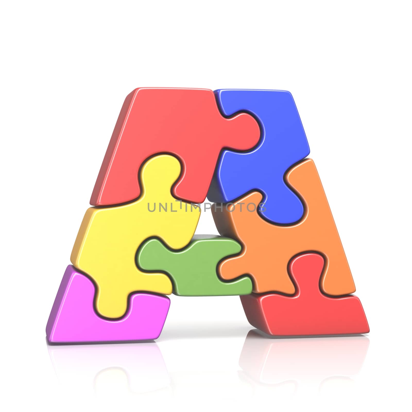 Puzzle jigsaw letter A 3D render illustration isolated on white background