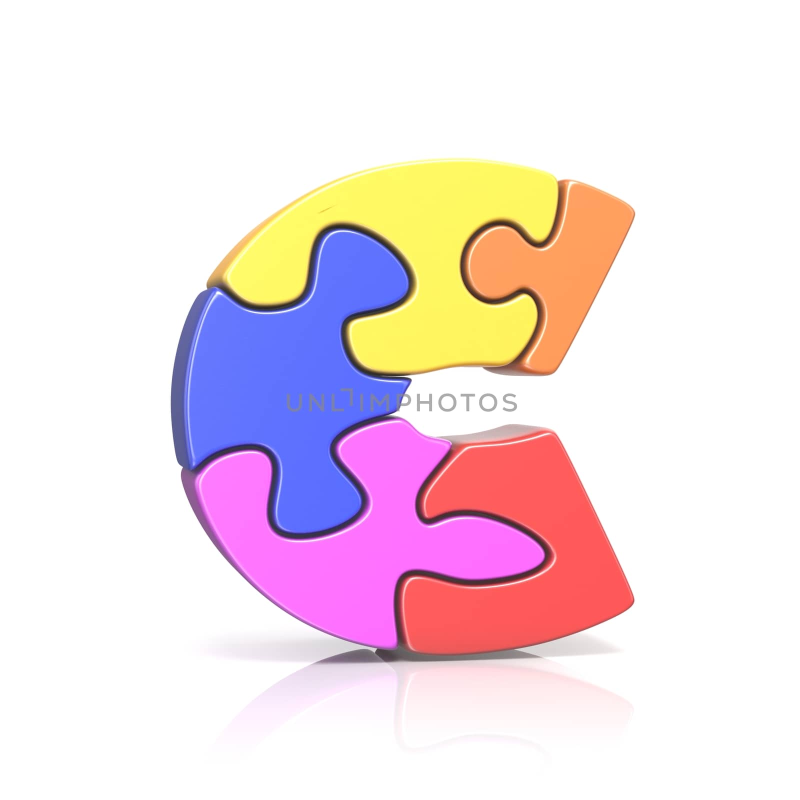 Puzzle jigsaw letter C 3D render illustration isolated on white background