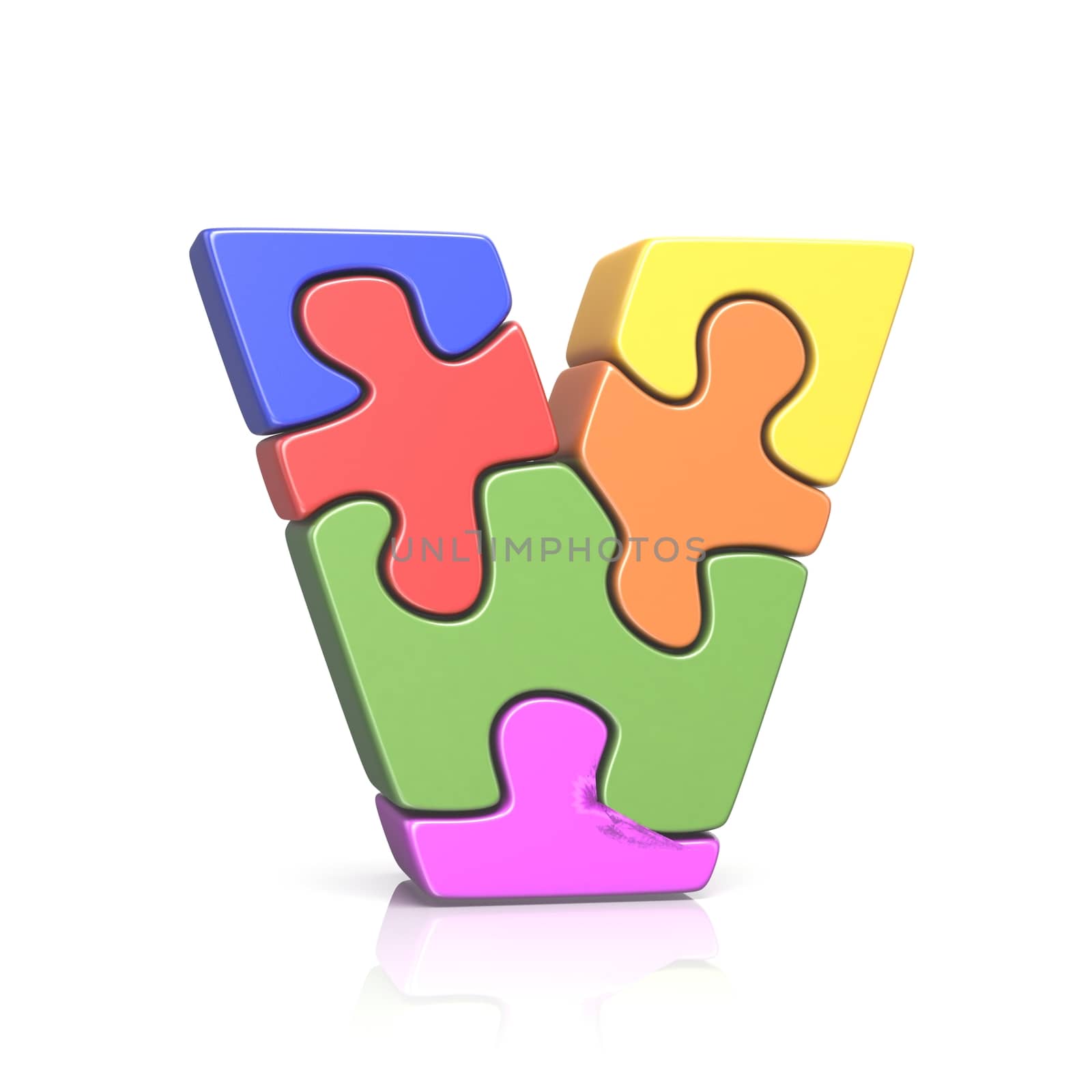 Puzzle jigsaw letter V 3D render illustration isolated on white background