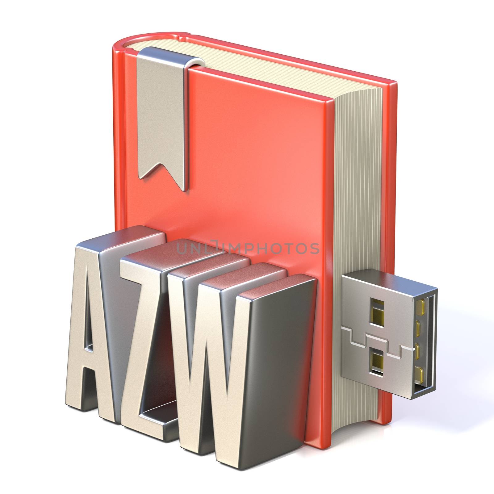 eBook icon metal AZW red book USB 3D render illustration isolated on white background