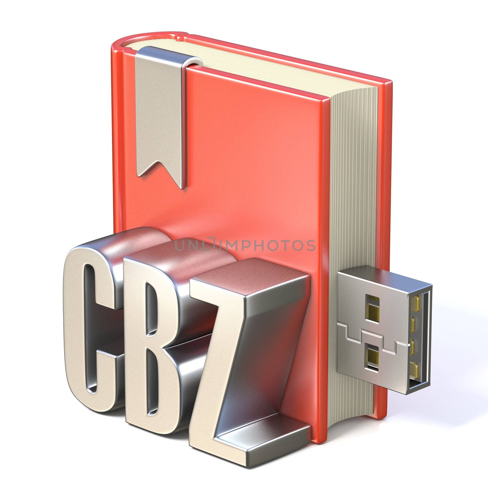 eBook icon metal CBZ red book USB 3D render illustration isolated on white background