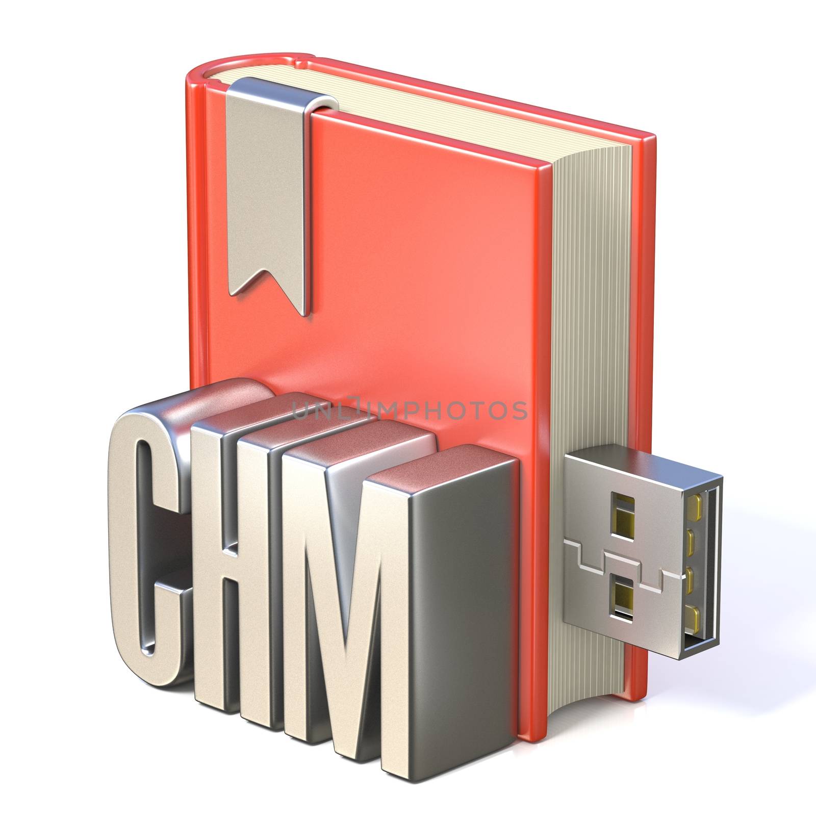 eBook icon metal CHM red book USB 3D render illustration isolated on white background