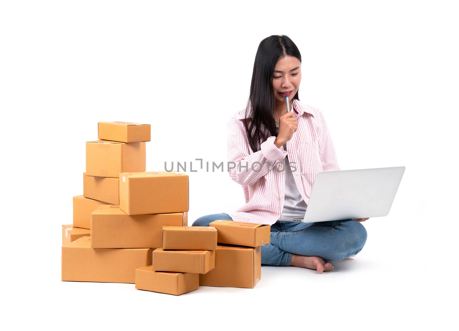 woman working sell online on white background