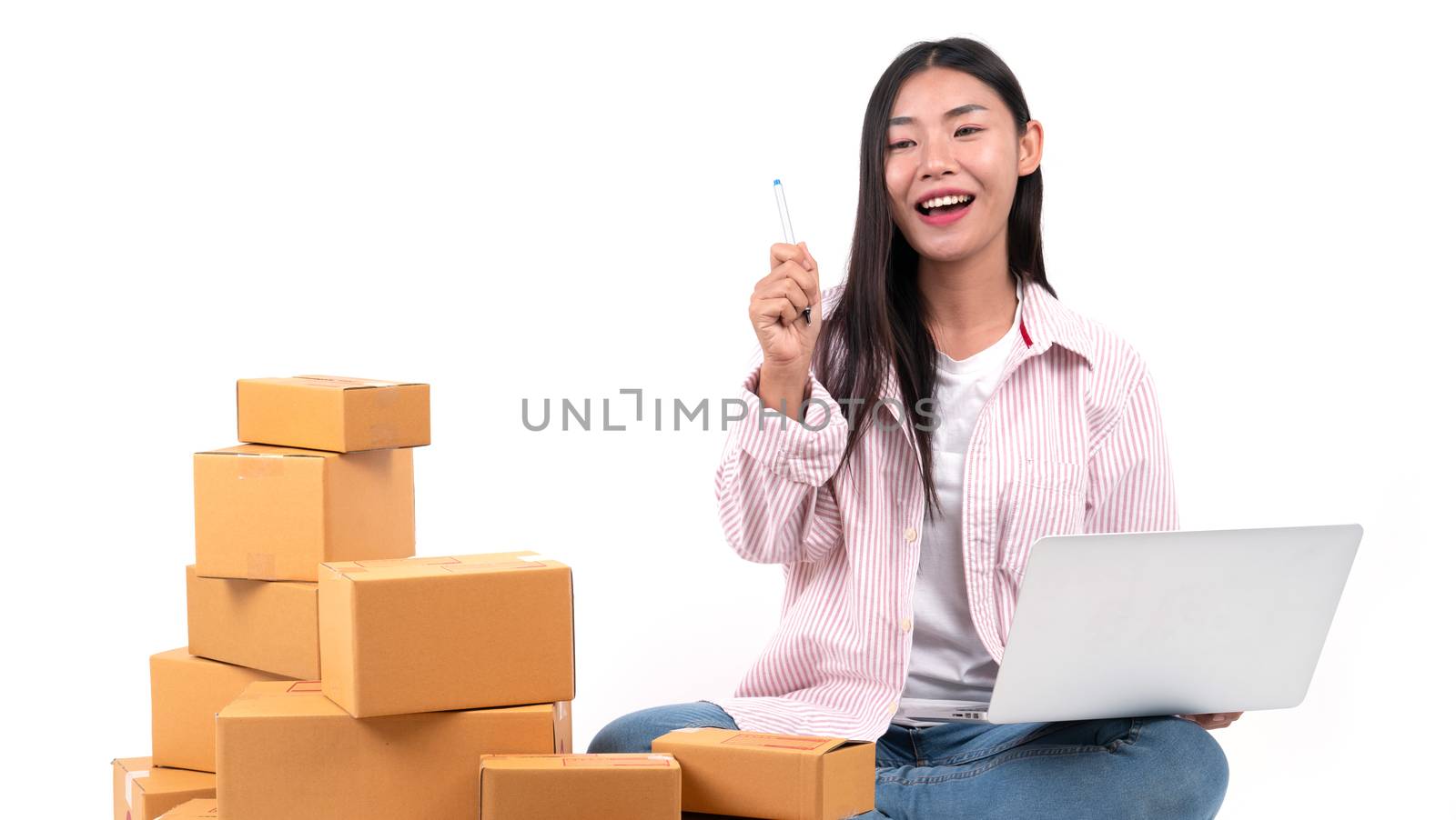 woman working sell online on white background