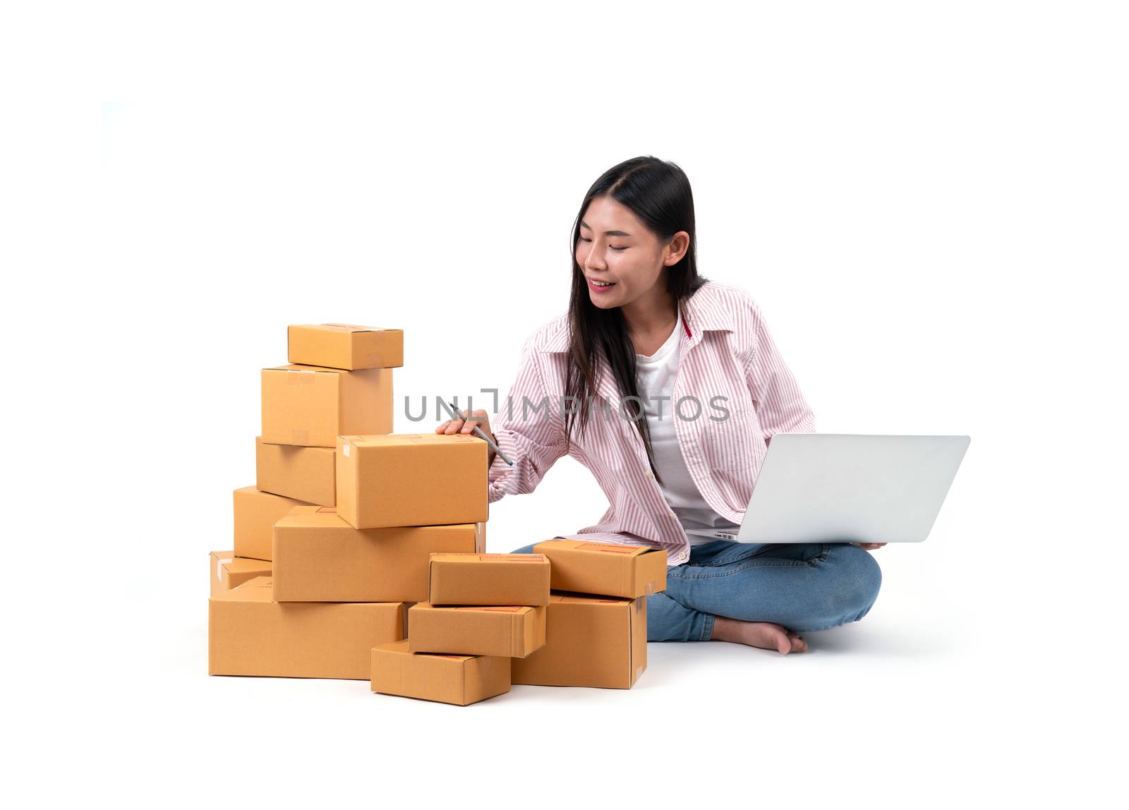 woman working sell online on white background