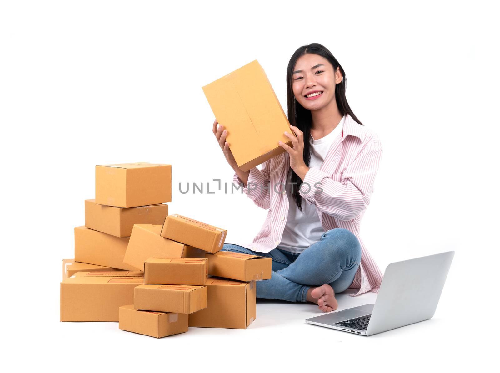 woman working sell online on white background