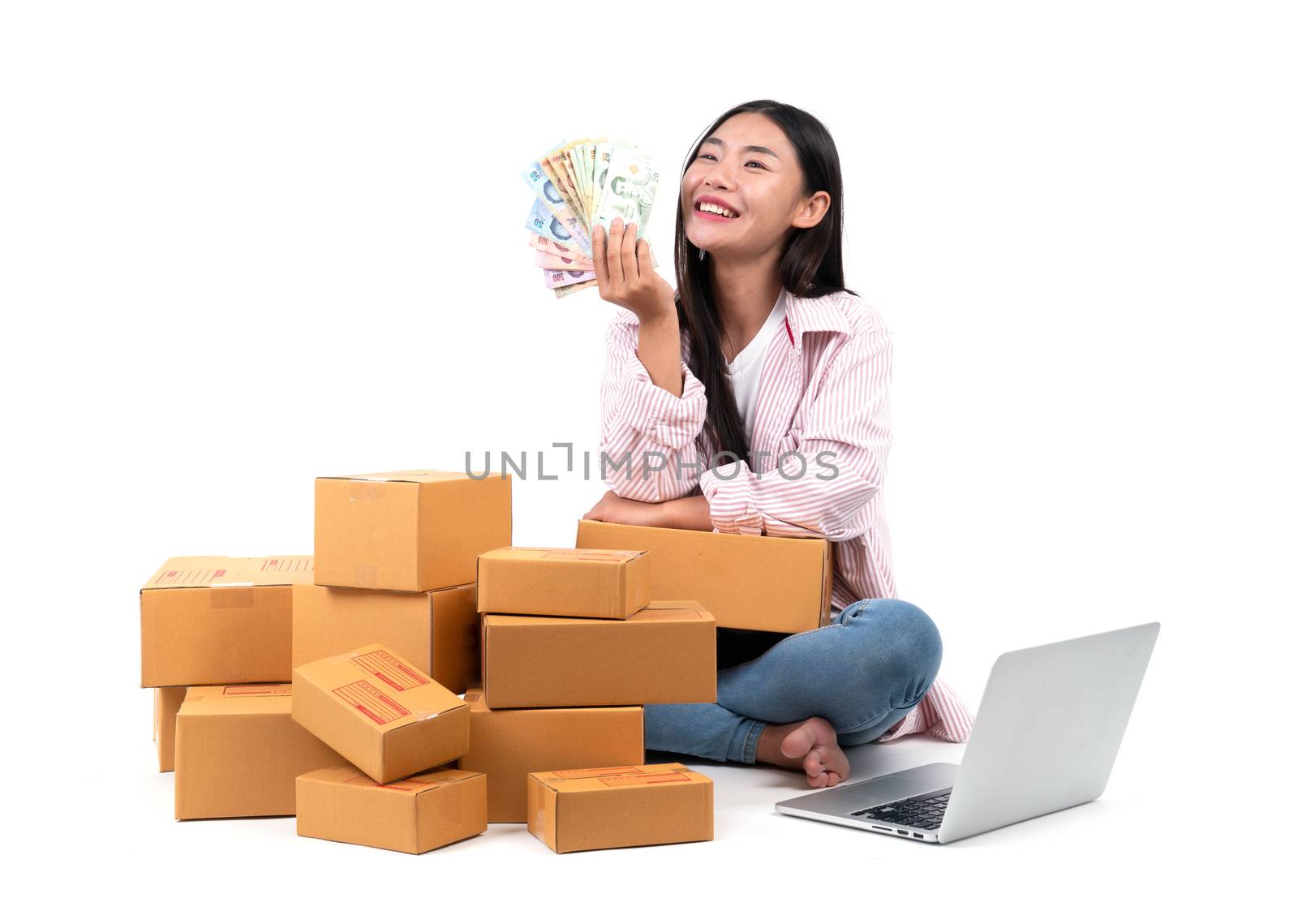 woman working sell online on white background