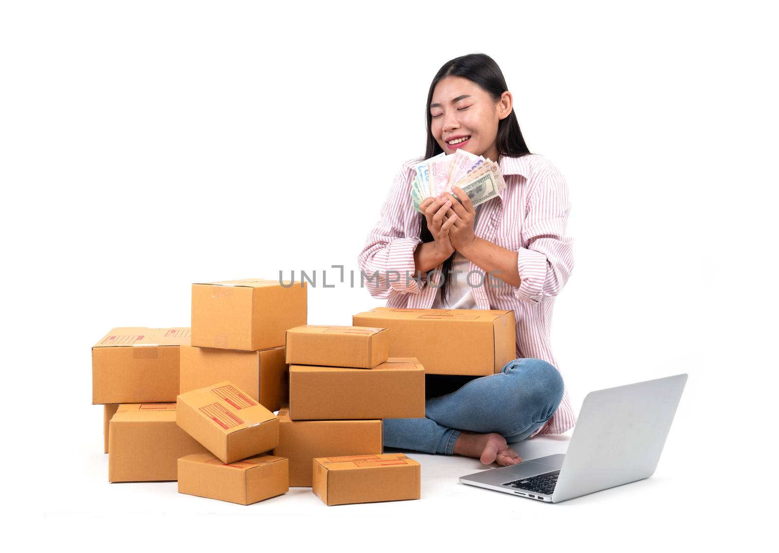 woman working sell online on white background