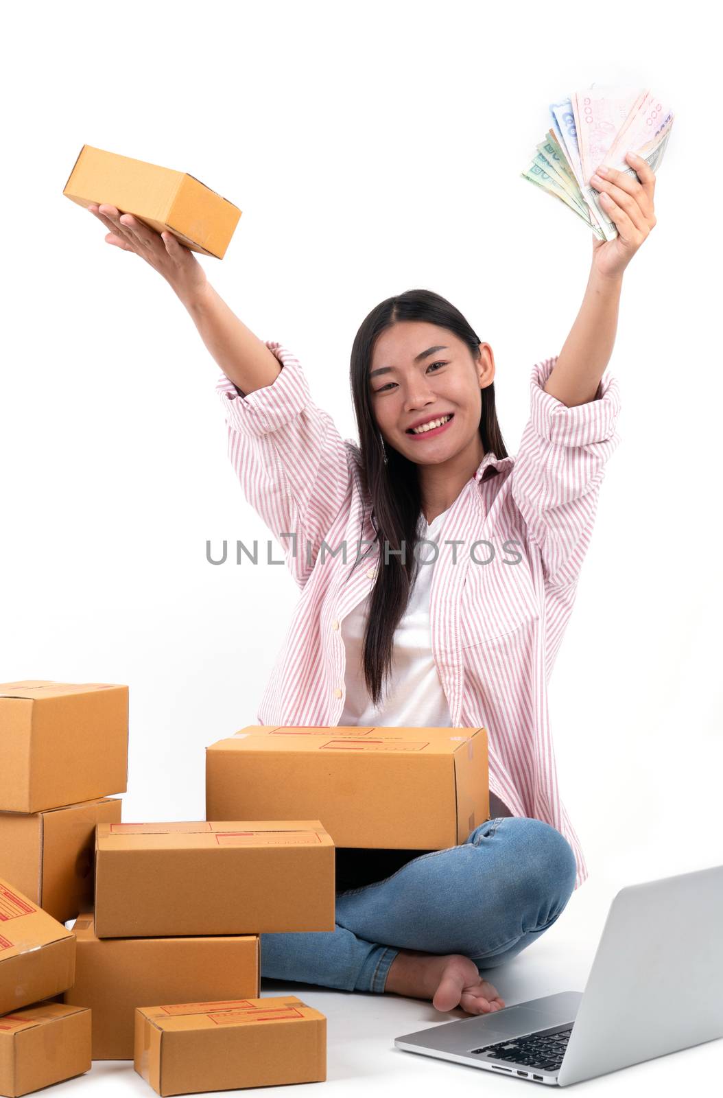 woman working sell online on white background