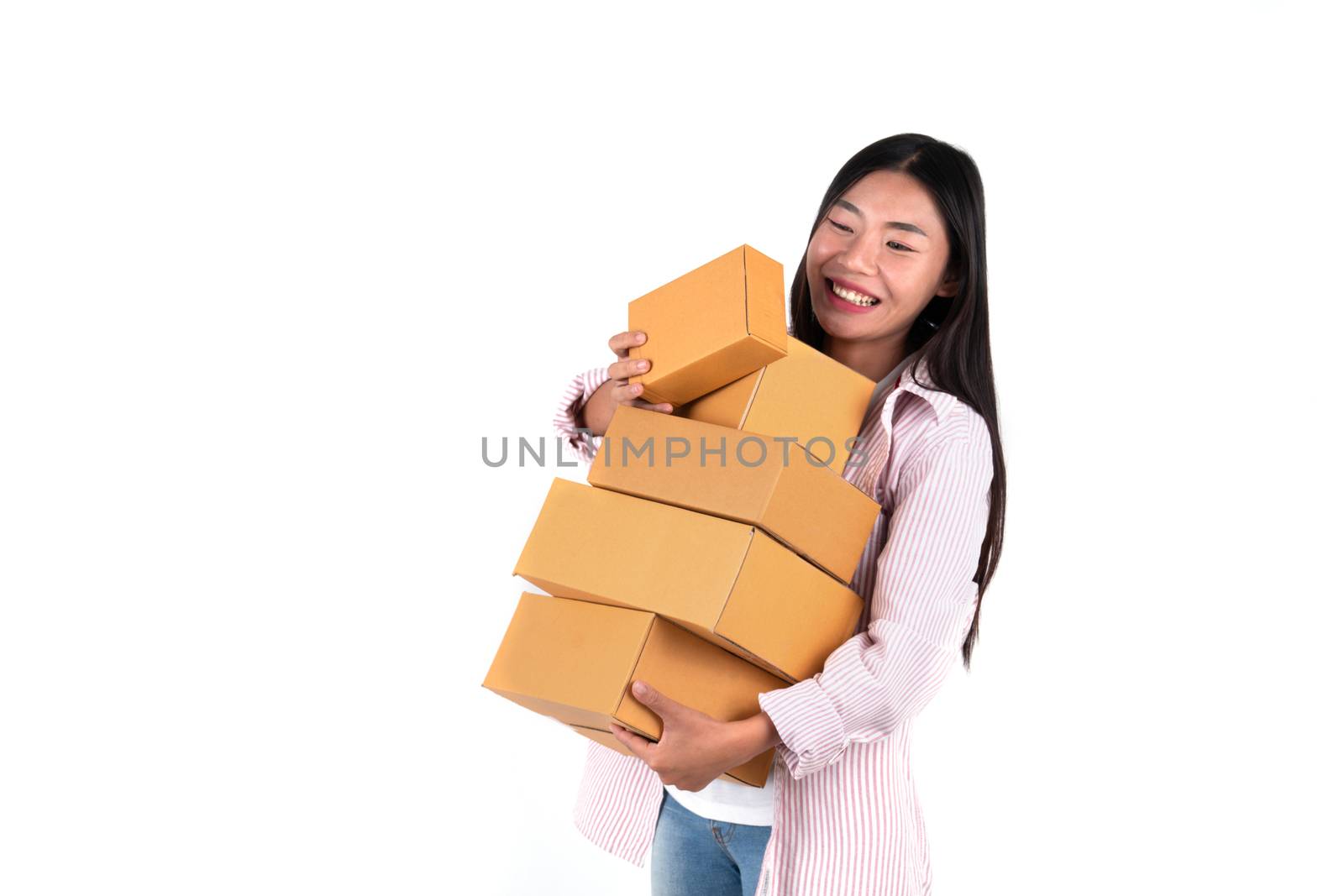 woman holding parcel box for delivery to customer or holding box from online shopping