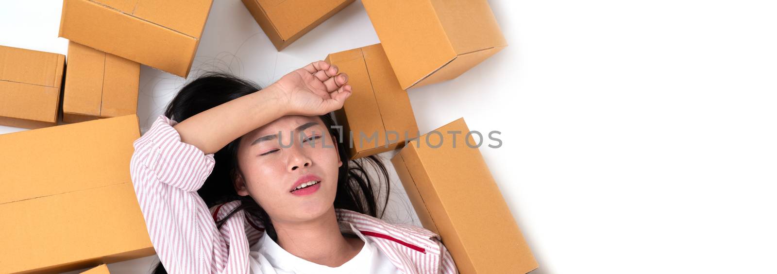 happy woman with many parcel box for delivery to customer or  many box from online shopping