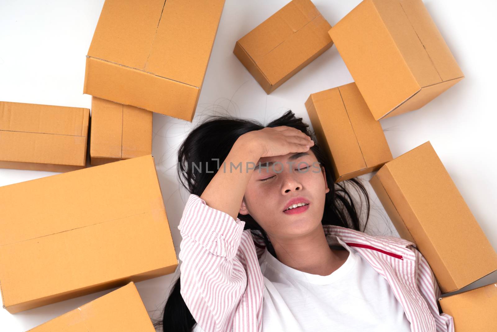 happy woman with many parcel box for delivery to customer or  many box from online shopping