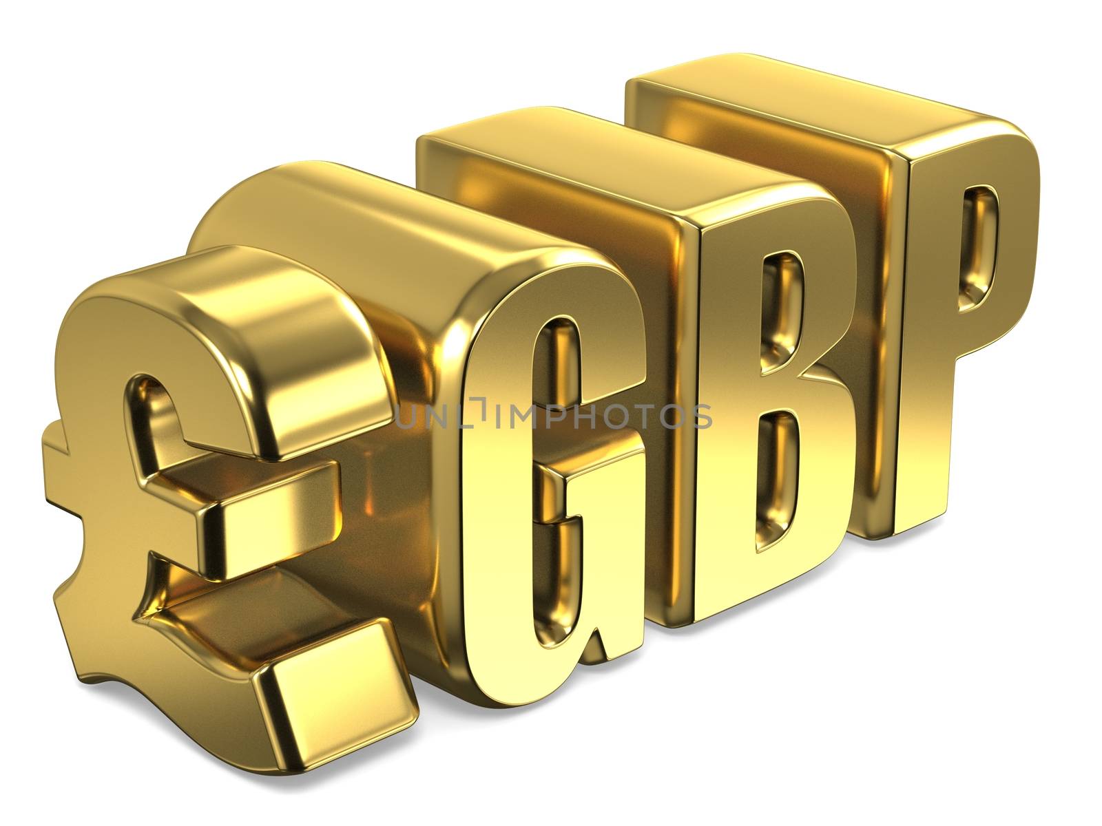 Pound sterling GBP golden currency sign 3D render illustration isolated on white background