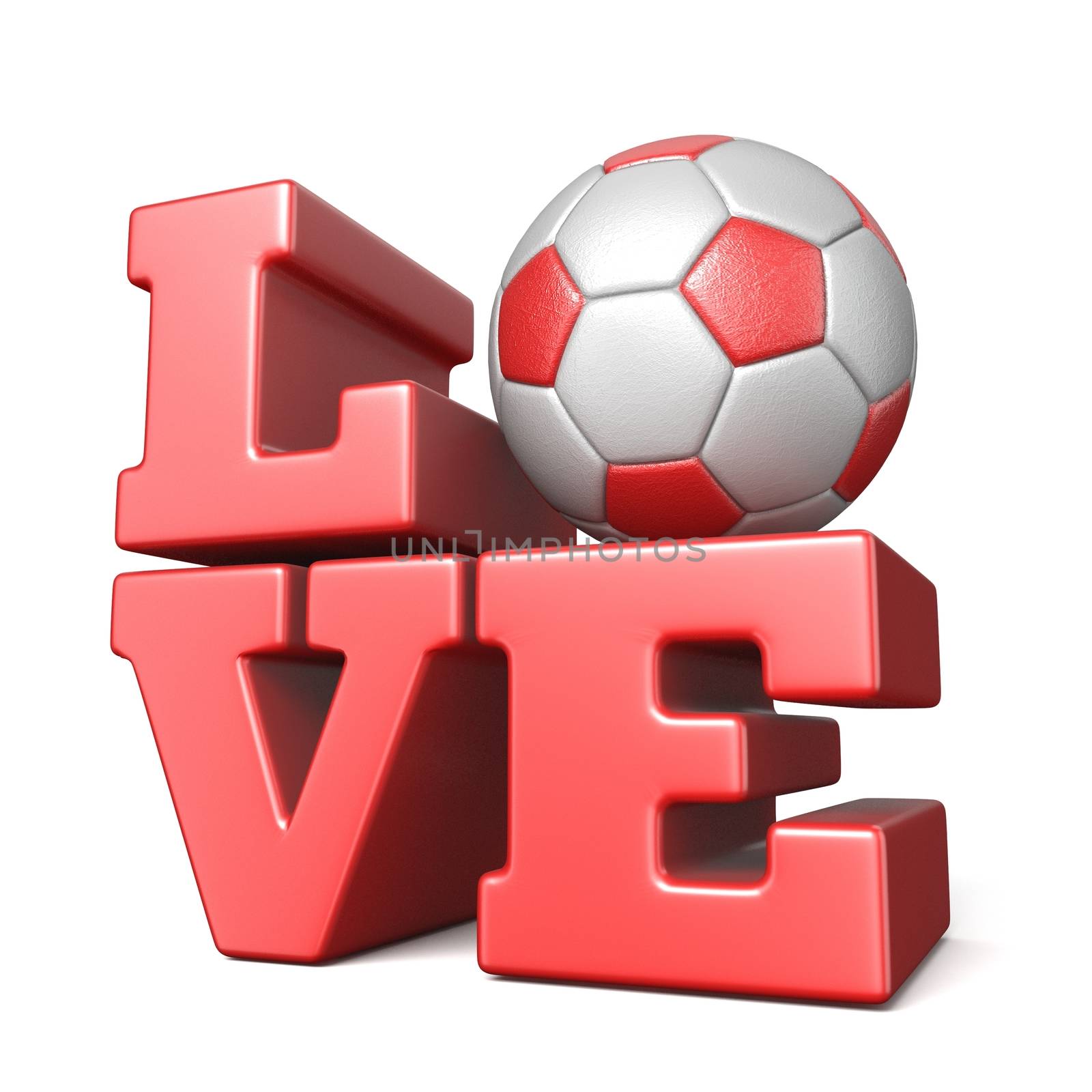 Word LOVE with football soccer ball 3D render illustration isolated on white background