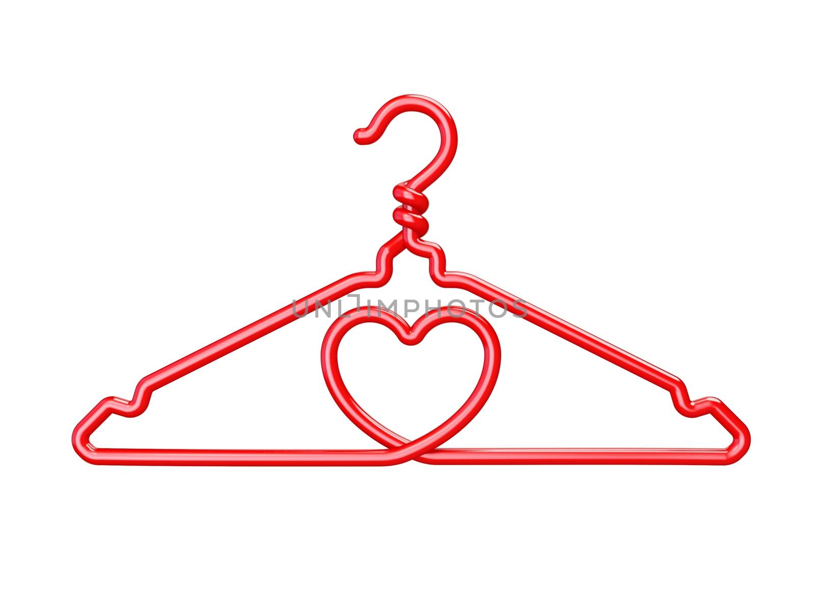 Red wire clothes hangers heart shaped 3D render illustration isolated on white background.