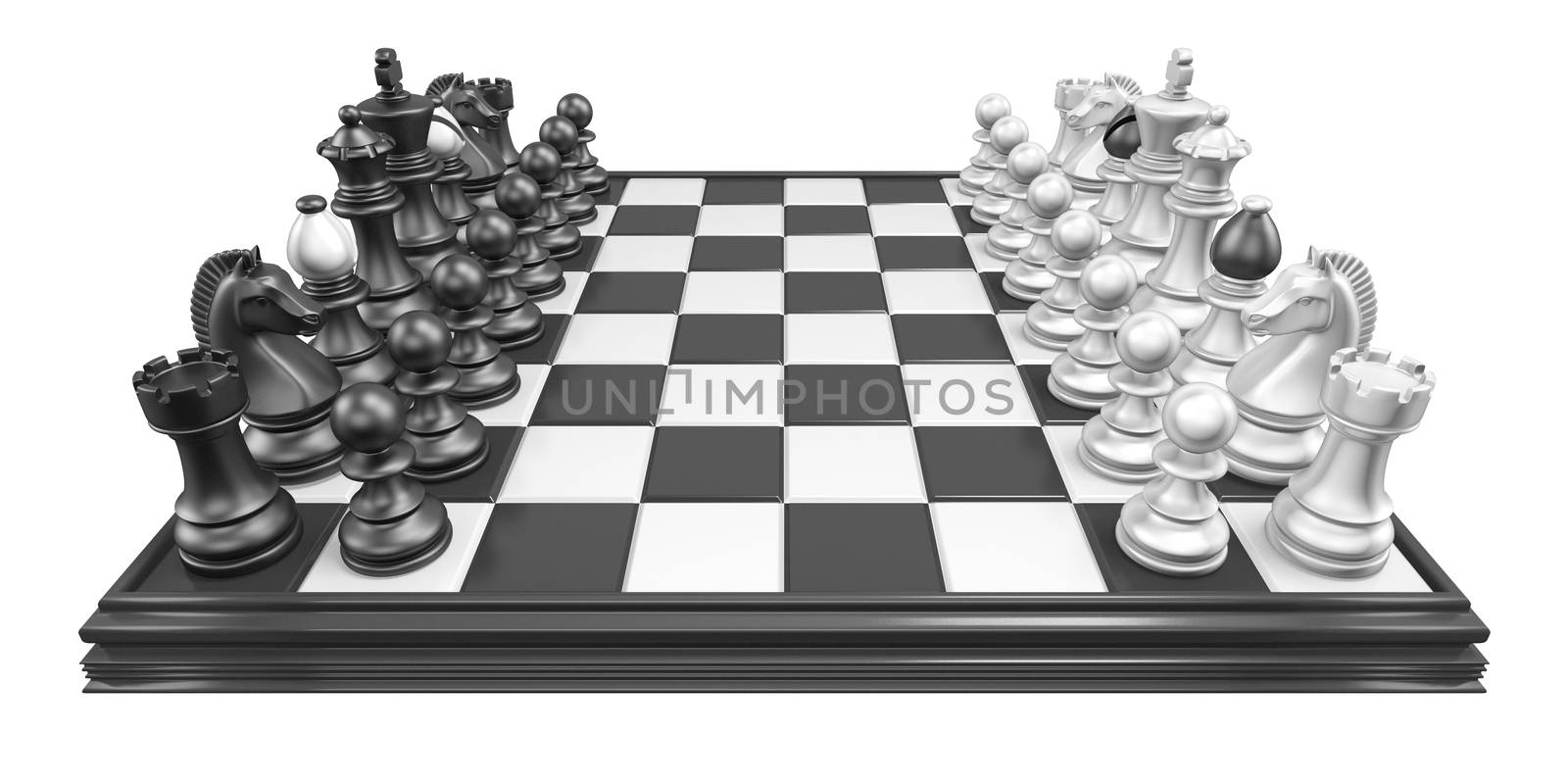Chess board with all chess pieces 3D render illustration isolated on white background