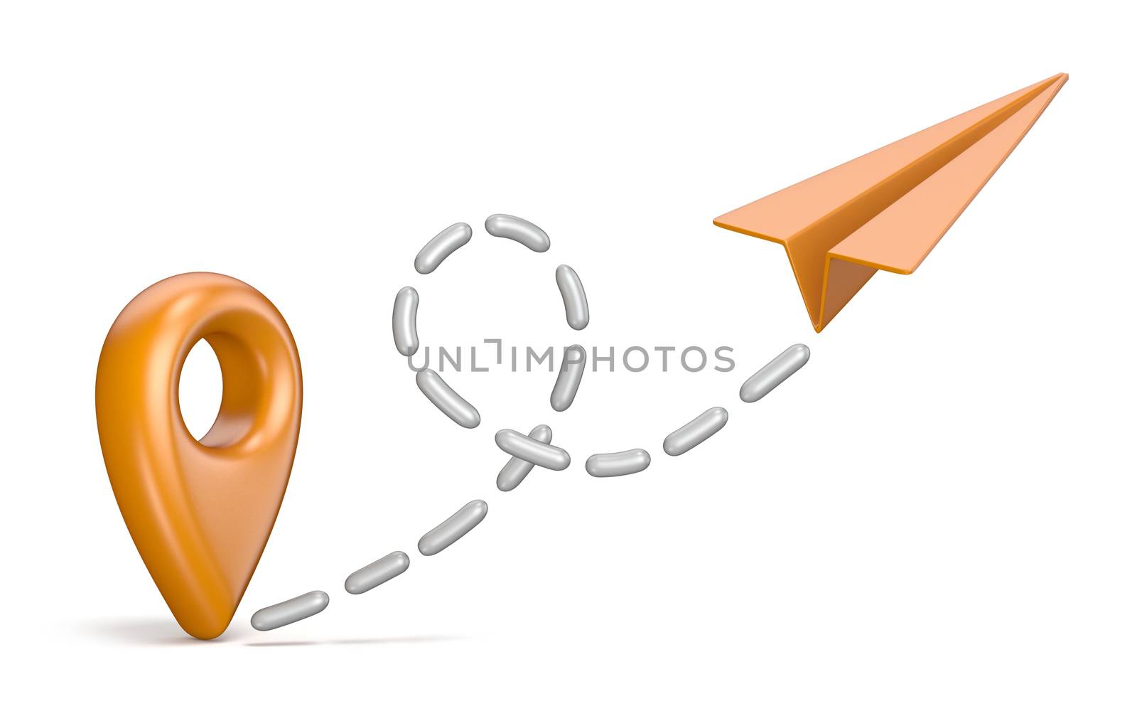 Orange map pointer and paper airplane. Traveling concept 3D render illustration isolated on white background