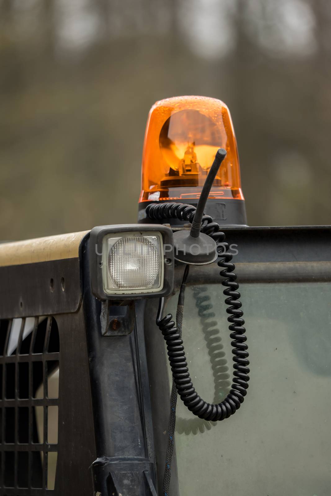 A signal light on a construction vehicle