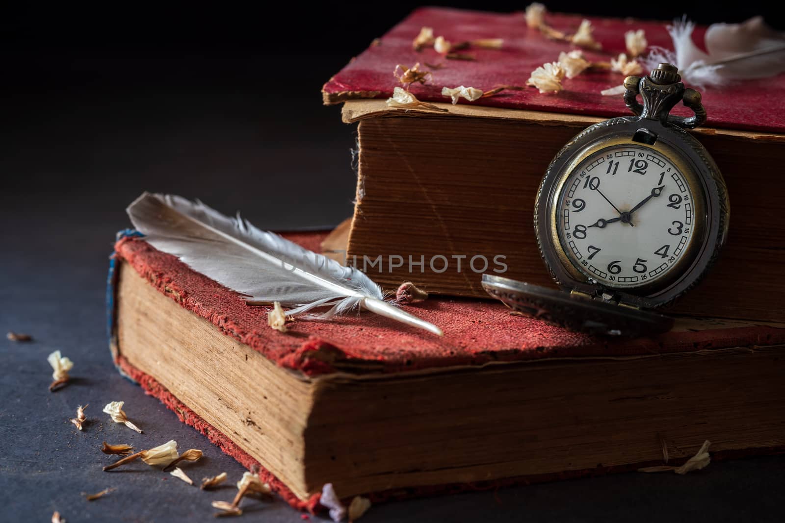 Winding pocket watch on old books with feathers and dried flower petals on the marble table in darkness and morning light.