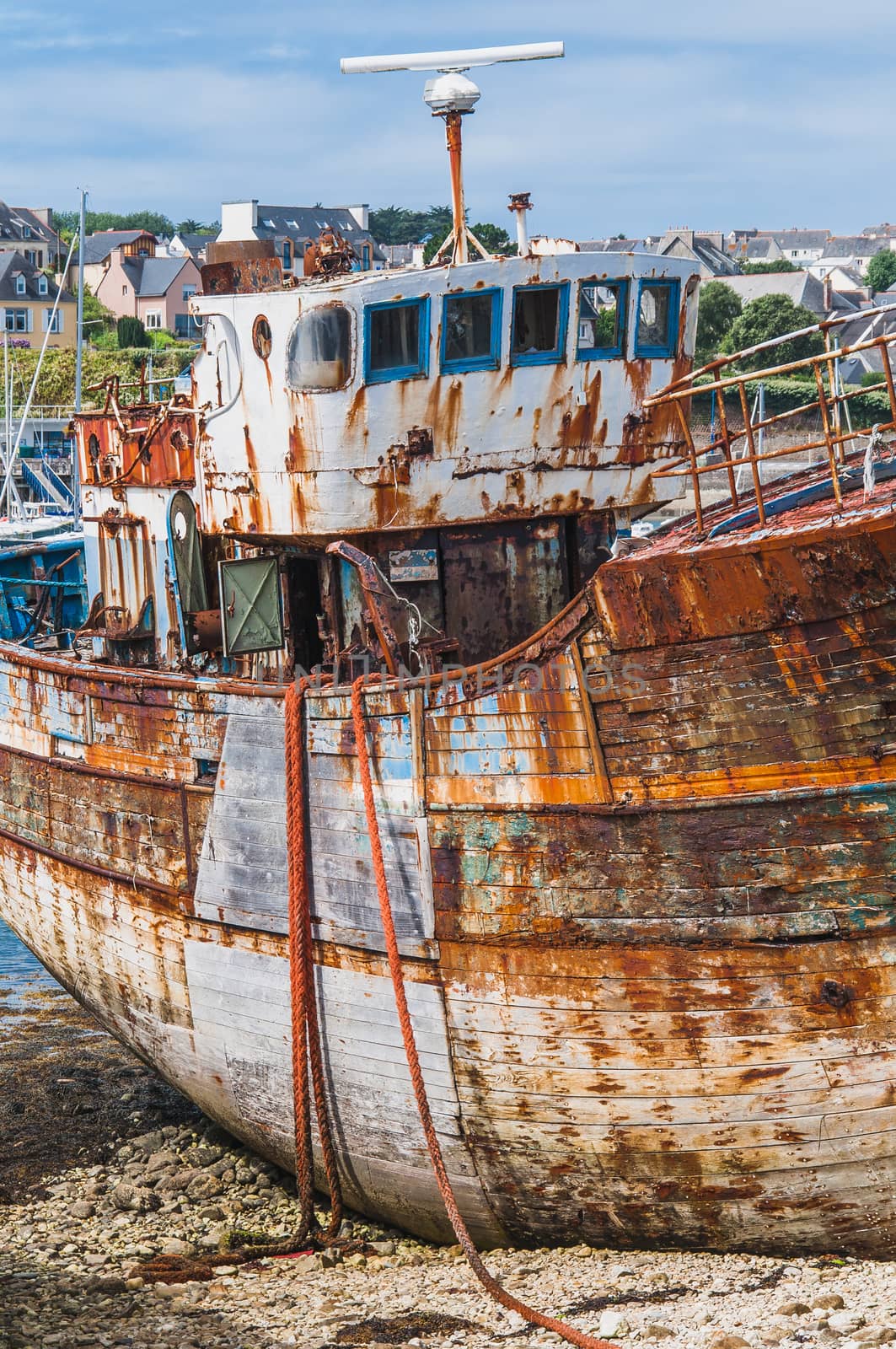 Port of Camaret-sur-mer with its boats, its lighthouse, in Finistère in Brittany, France