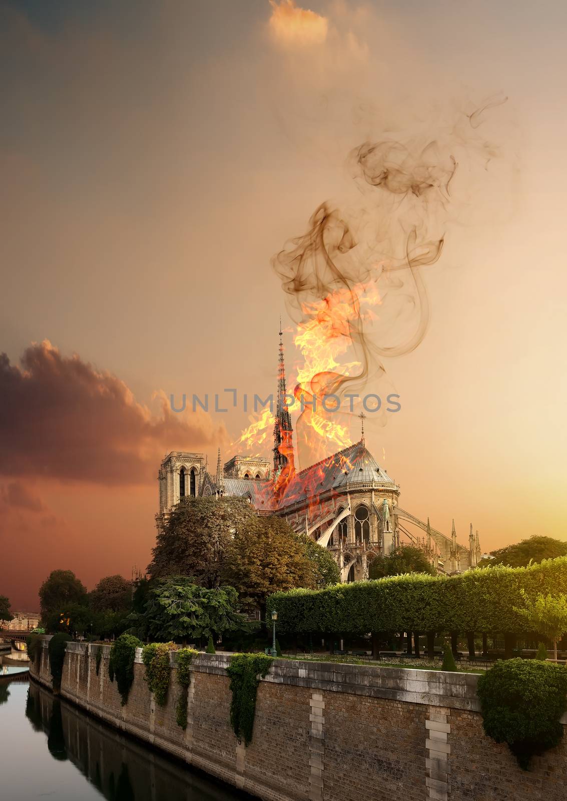 Fire in the Notre Dame Cathedral. Paris, France