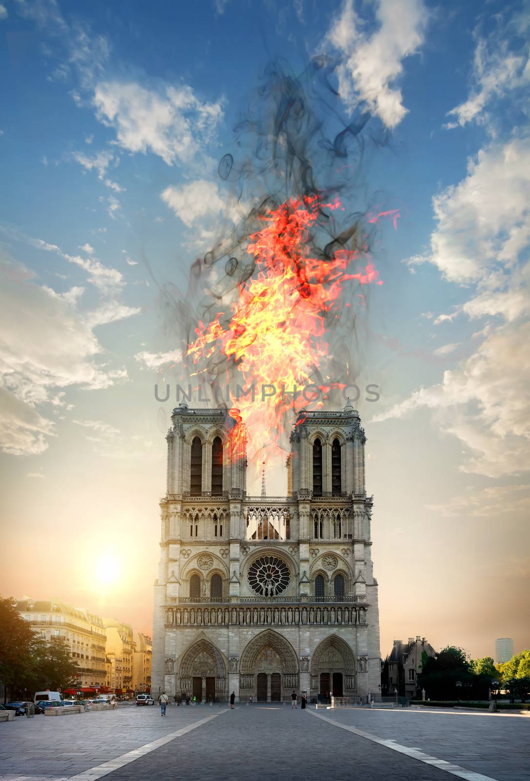 Fire in the Notre Dame Cathedral. Paris, France