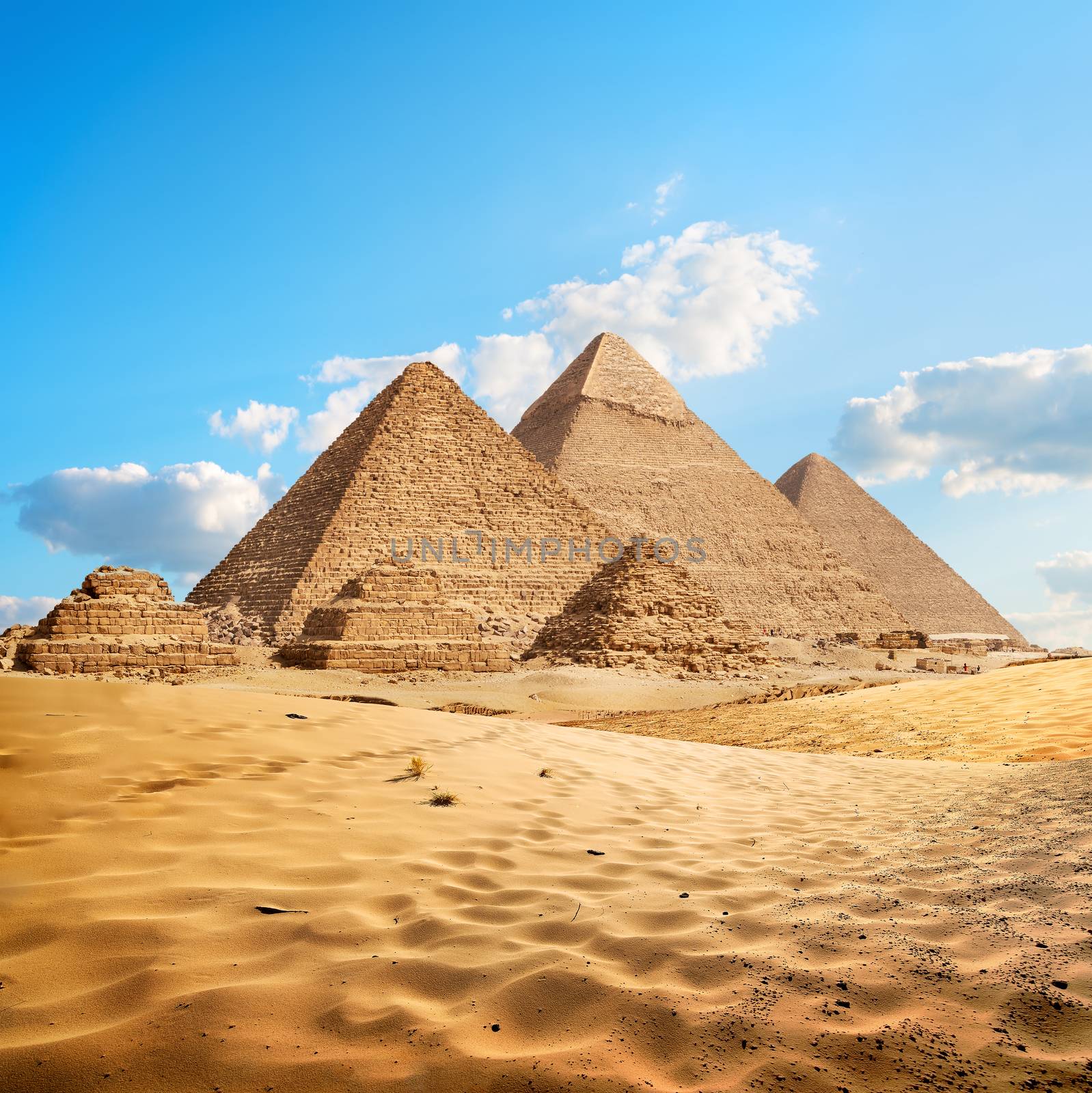 Egyptian pyramids in the desert of Giza. Egypt