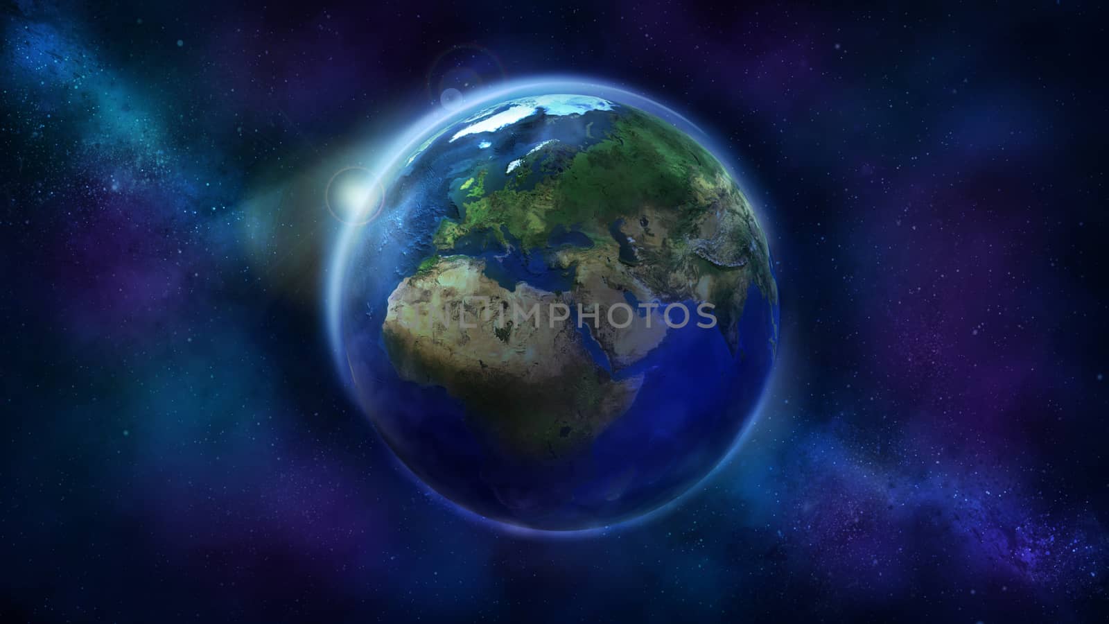 Realistic Earth from space showing Africa, Europe and Asia. The day half of the Globe.