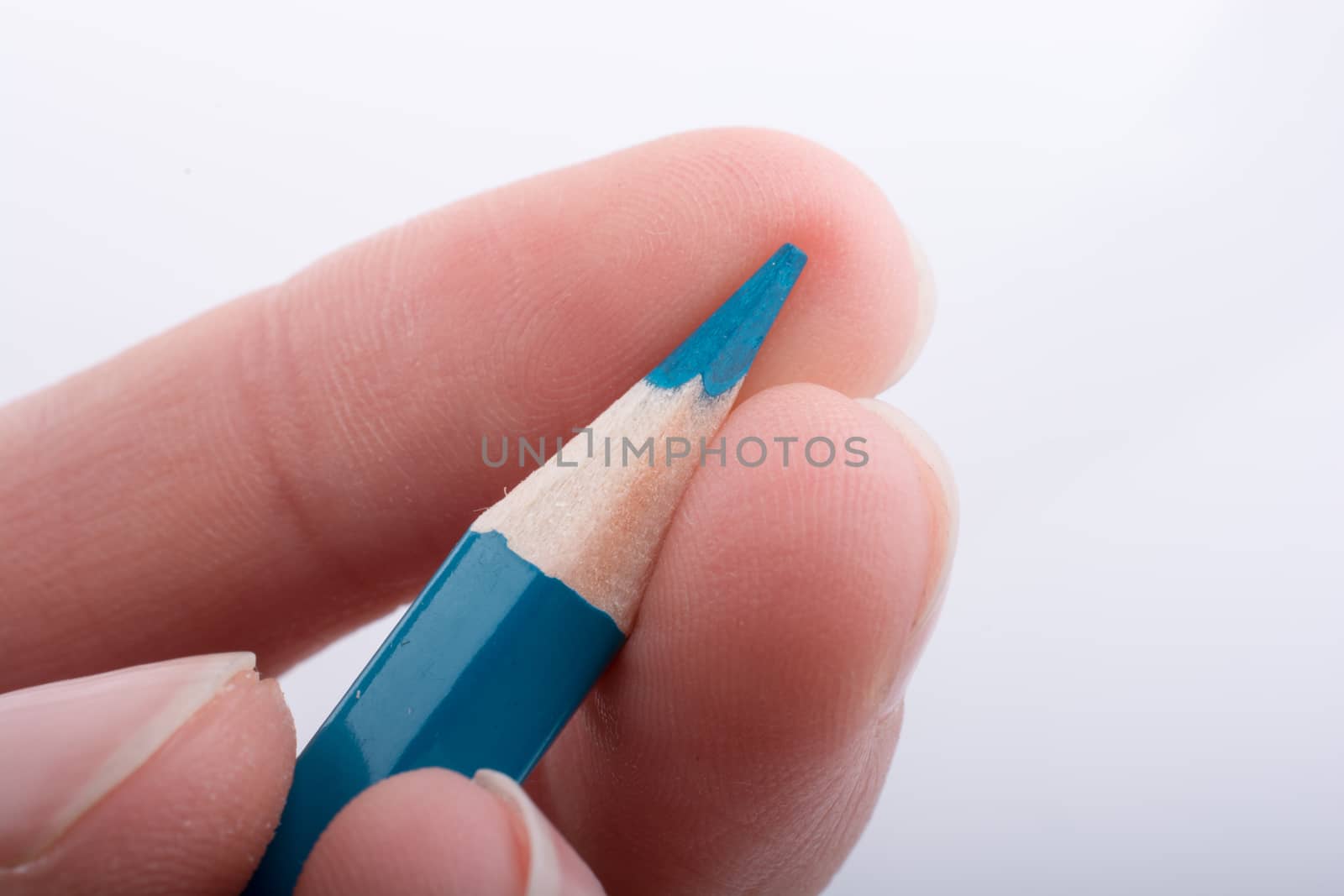 Hand holding color pencil on a white background