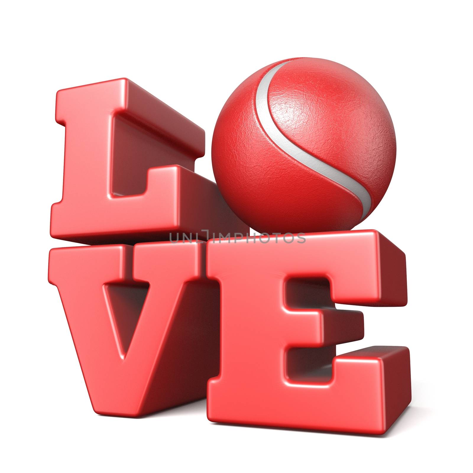Word LOVE with tennis ball 3D render illustration isolated on white background