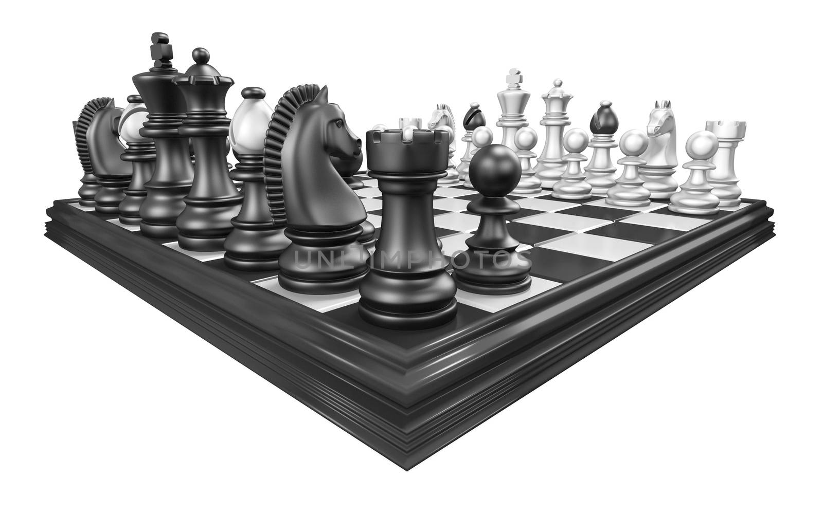 Chess board with all chess pieces 3D render illustration isolated on white background