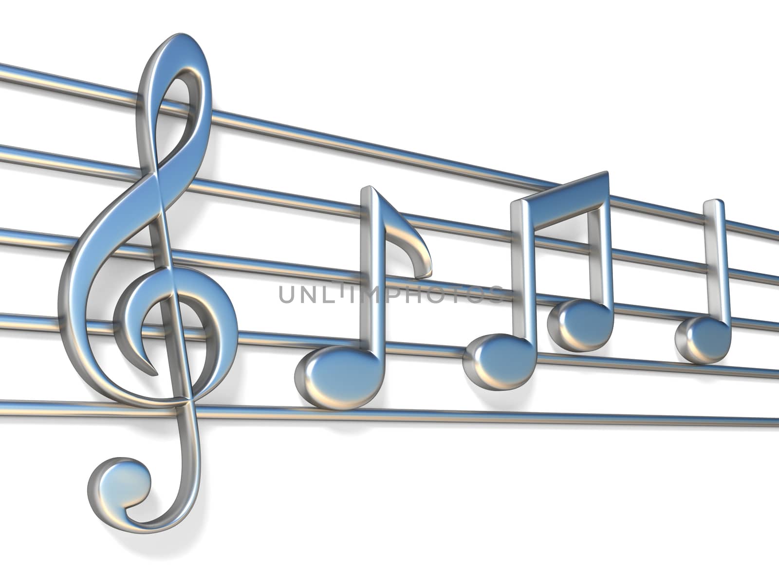 Music notes on staff lines 3D render illustration isolated on white background