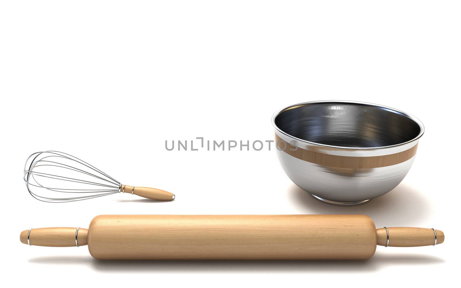 Wire whisk, wooden rolling pin and chrome bowl 3D render illustration isolated on white background