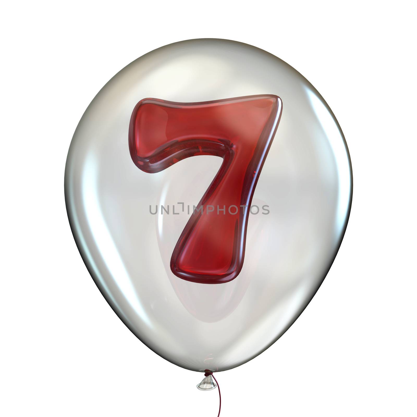 Number SEVEN 7 in transparent balloon 3D render illustration isolated on white background
