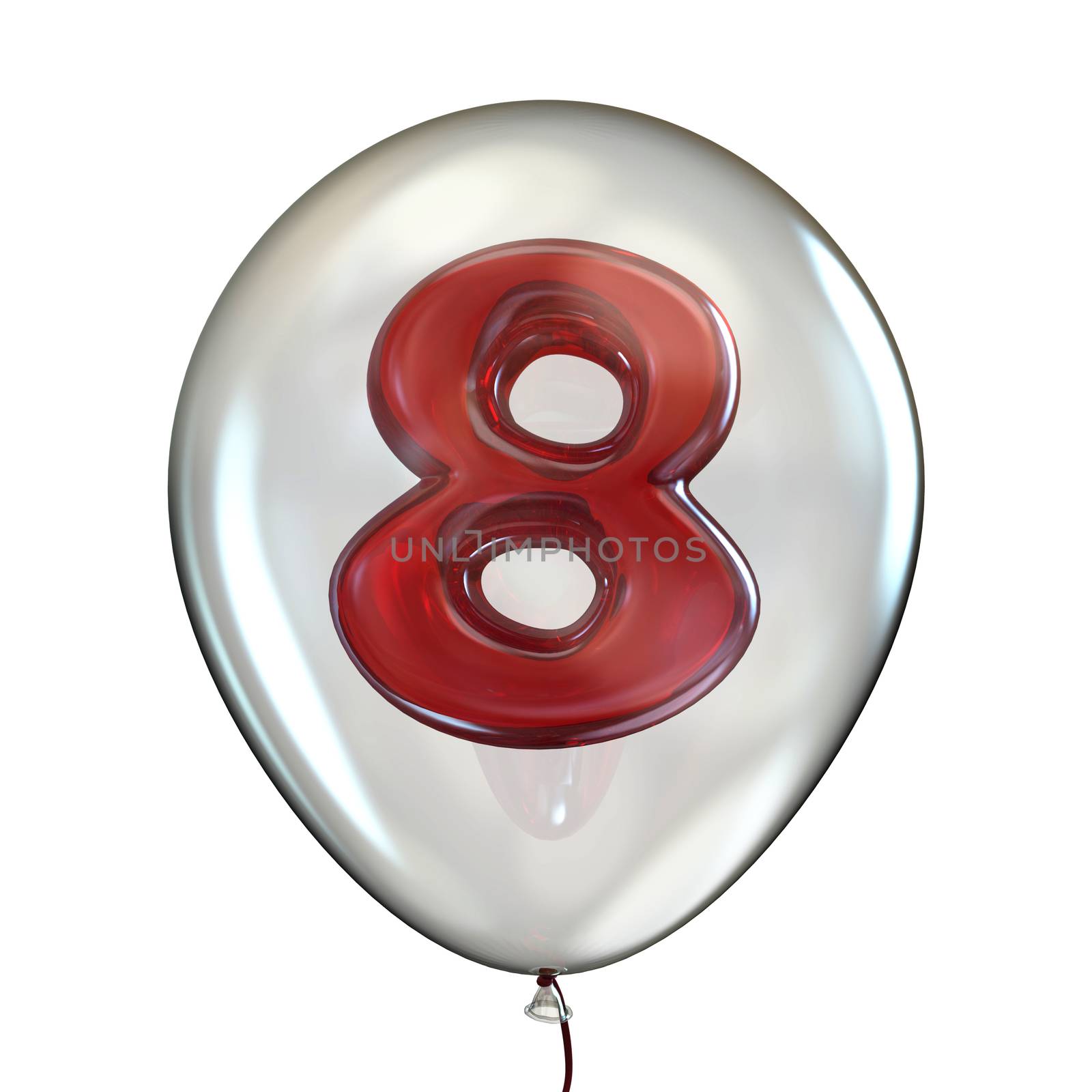 Number EIGHT 8 in transparent balloon 3D render illustration isolated on white background