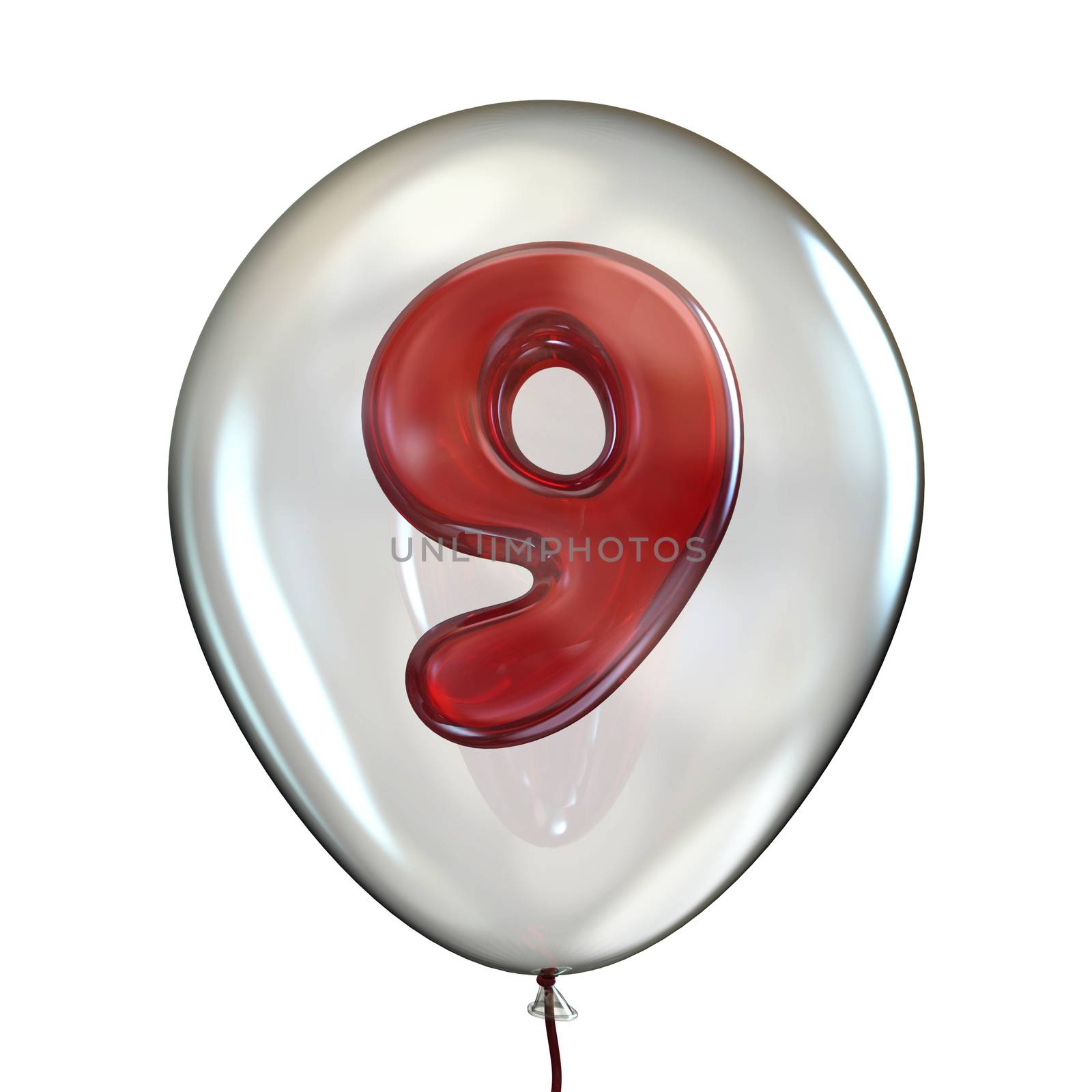 Number NINE 9 in transparent balloon 3D render illustration isolated on white background