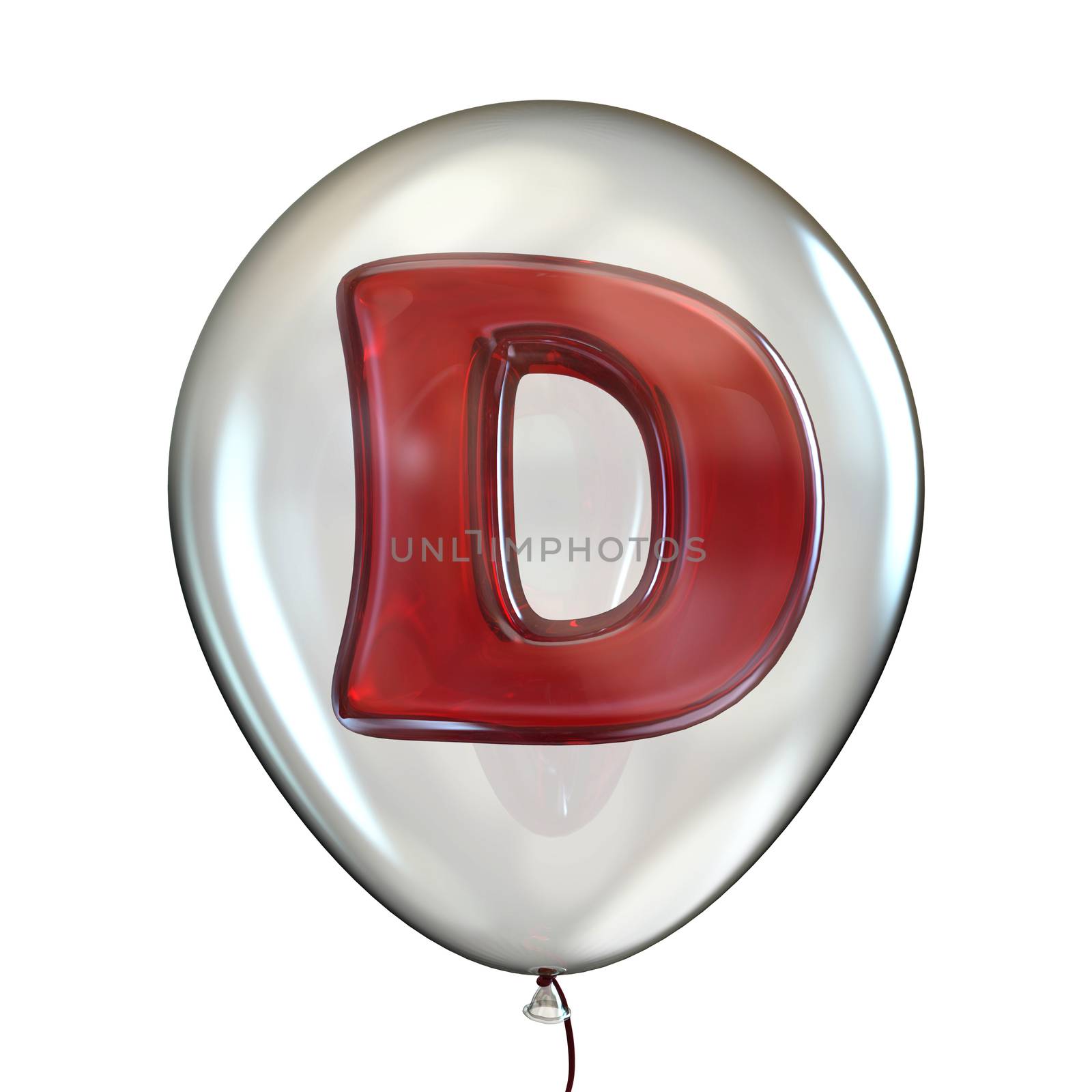Letter D in transparent balloon 3D render illustration isolated on white background