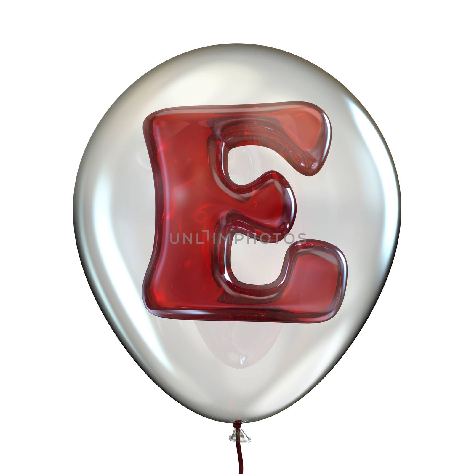 Letter E in transparent balloon 3D render illustration isolated on white background