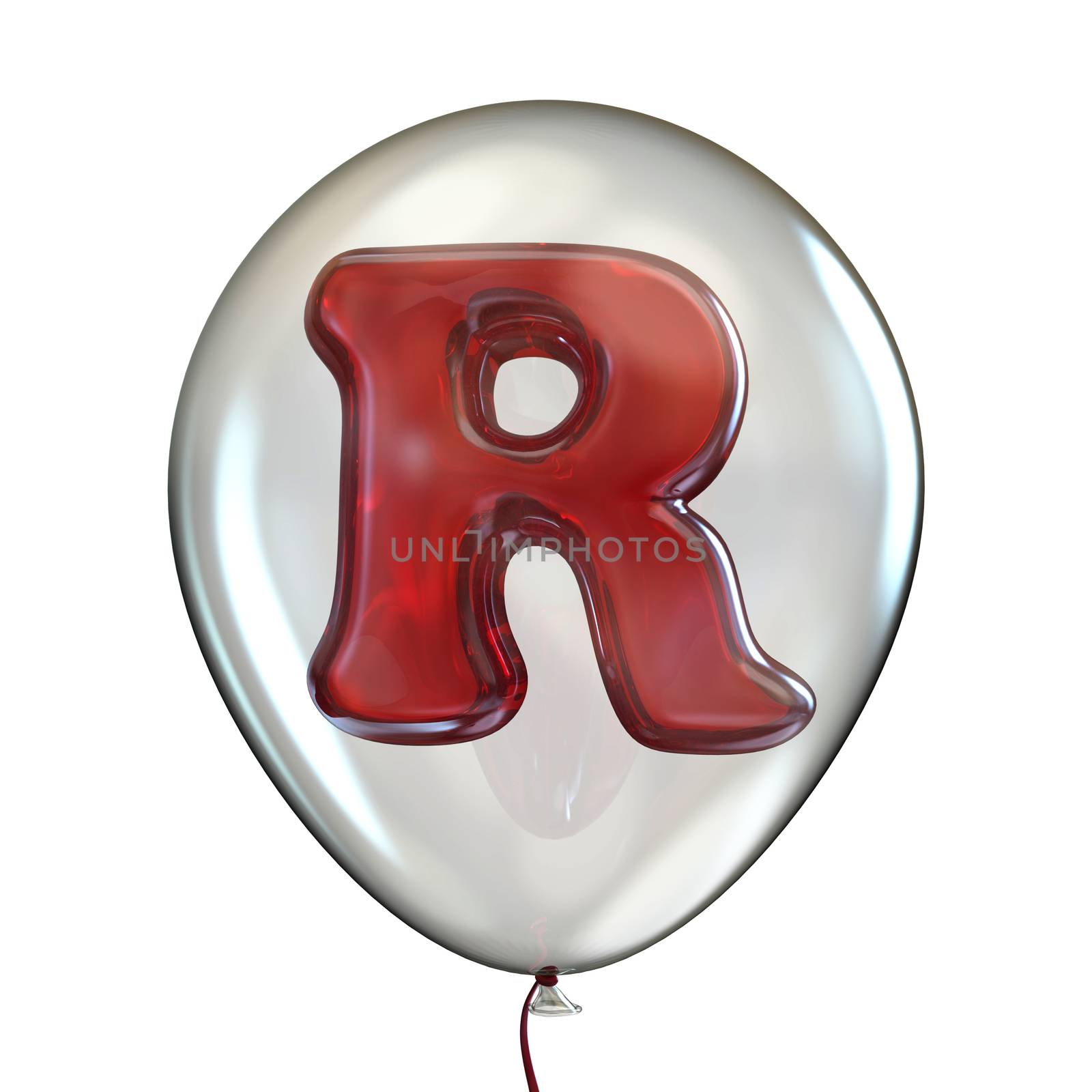 Letter R in transparent balloon 3D render illustration isolated on white background