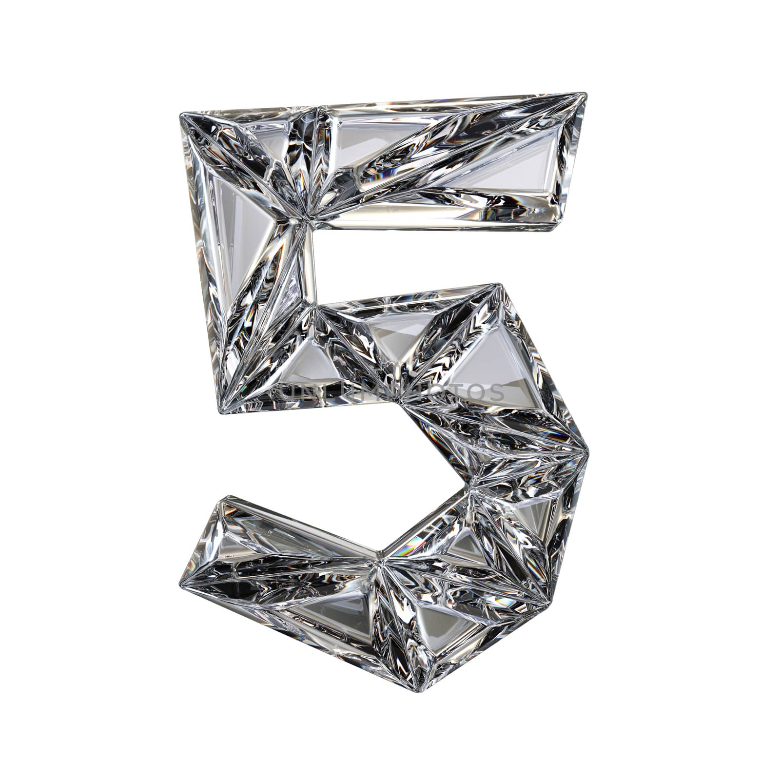 Crystal triangulated font number FIVE 5 3D render illustration isolated on white background