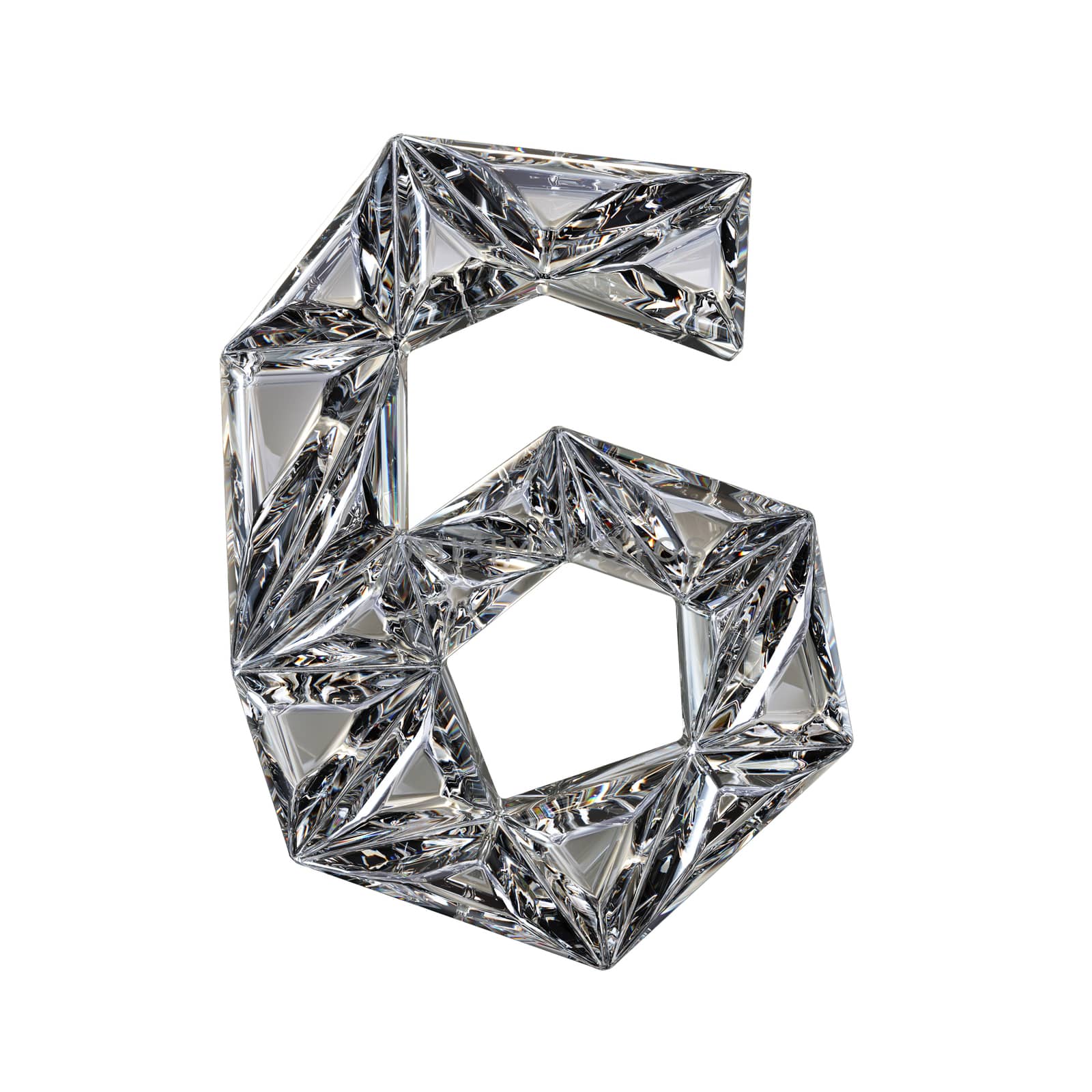 Crystal triangulated font number SIX 6 3D render illustration isolated on white background