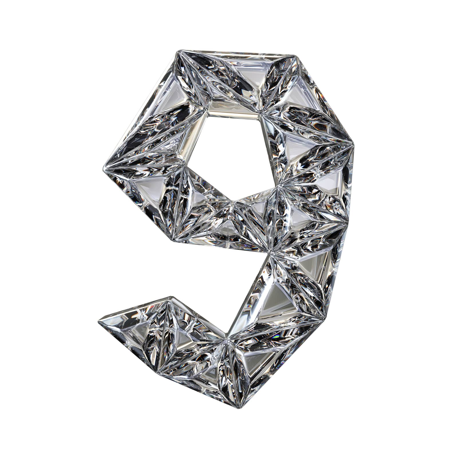 Crystal triangulated font number NINE 9 3D render illustration isolated on white background
