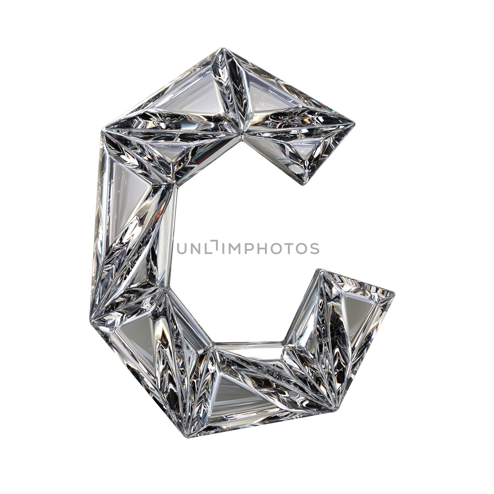 Crystal triangulated font letter C 3D render illustration isolated on white background