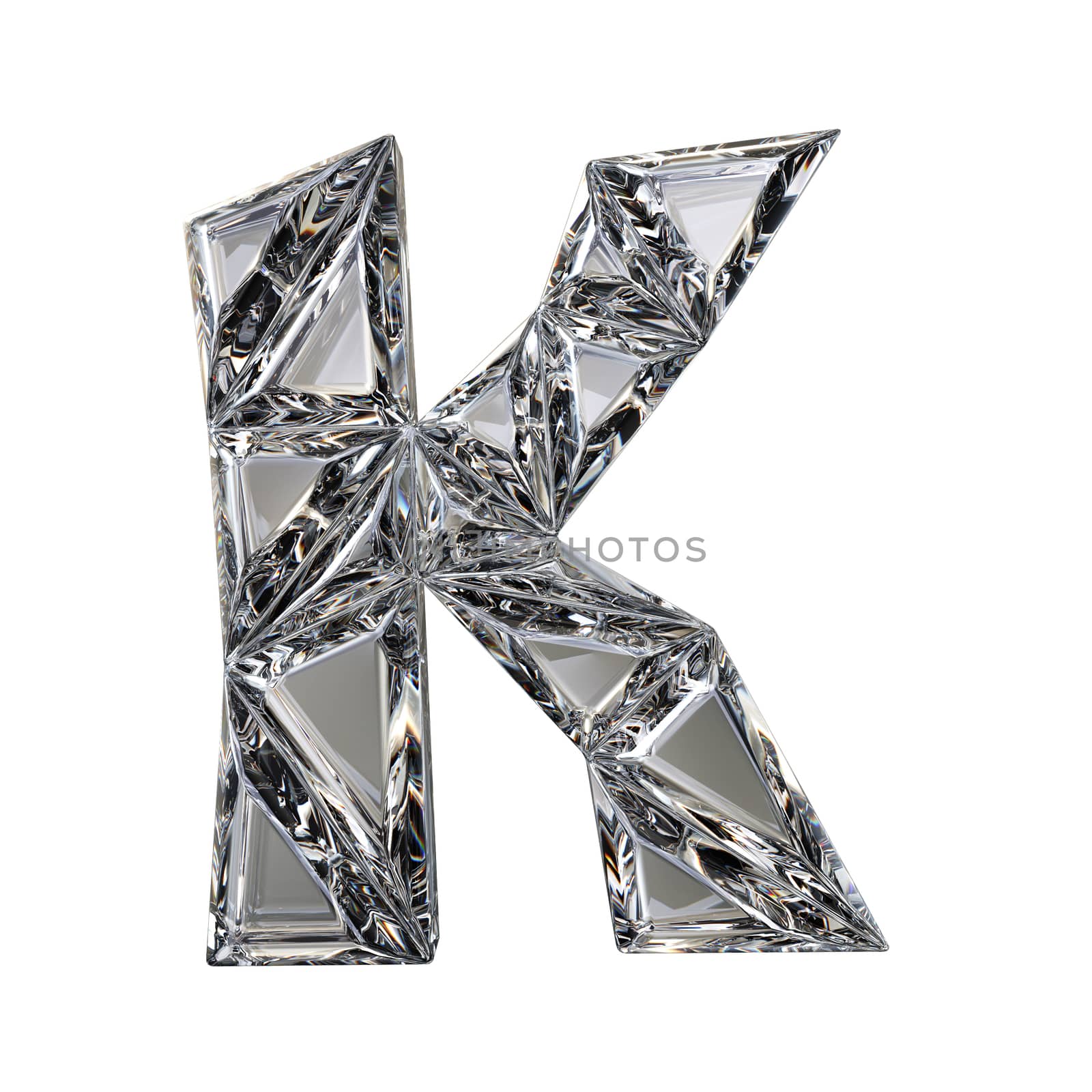 Crystal triangulated font letter K 3D render illustration isolated on white background