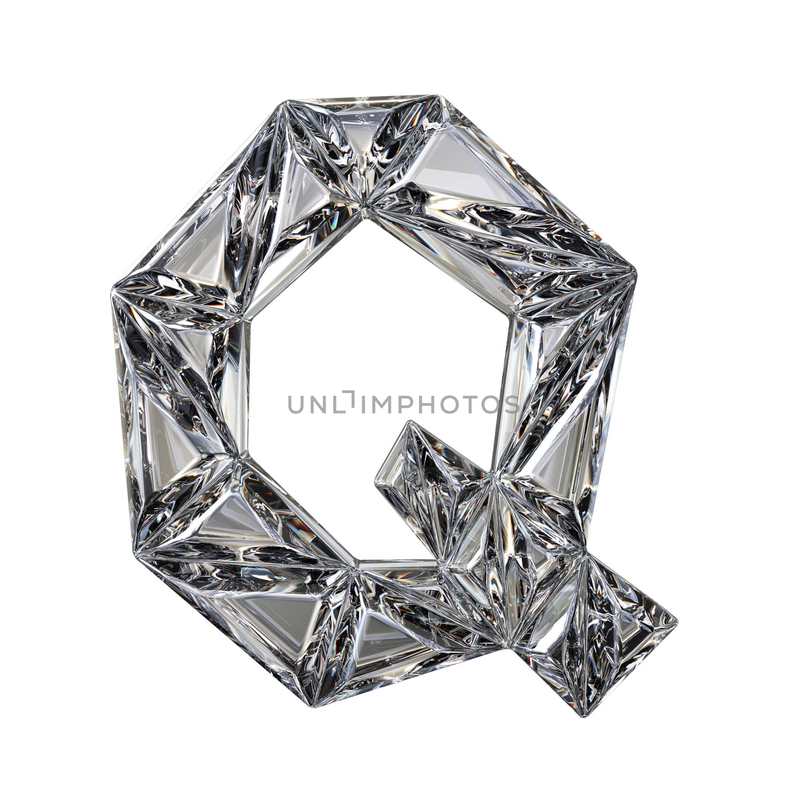 Crystal triangulated font letter Q 3D render illustration isolated on white background