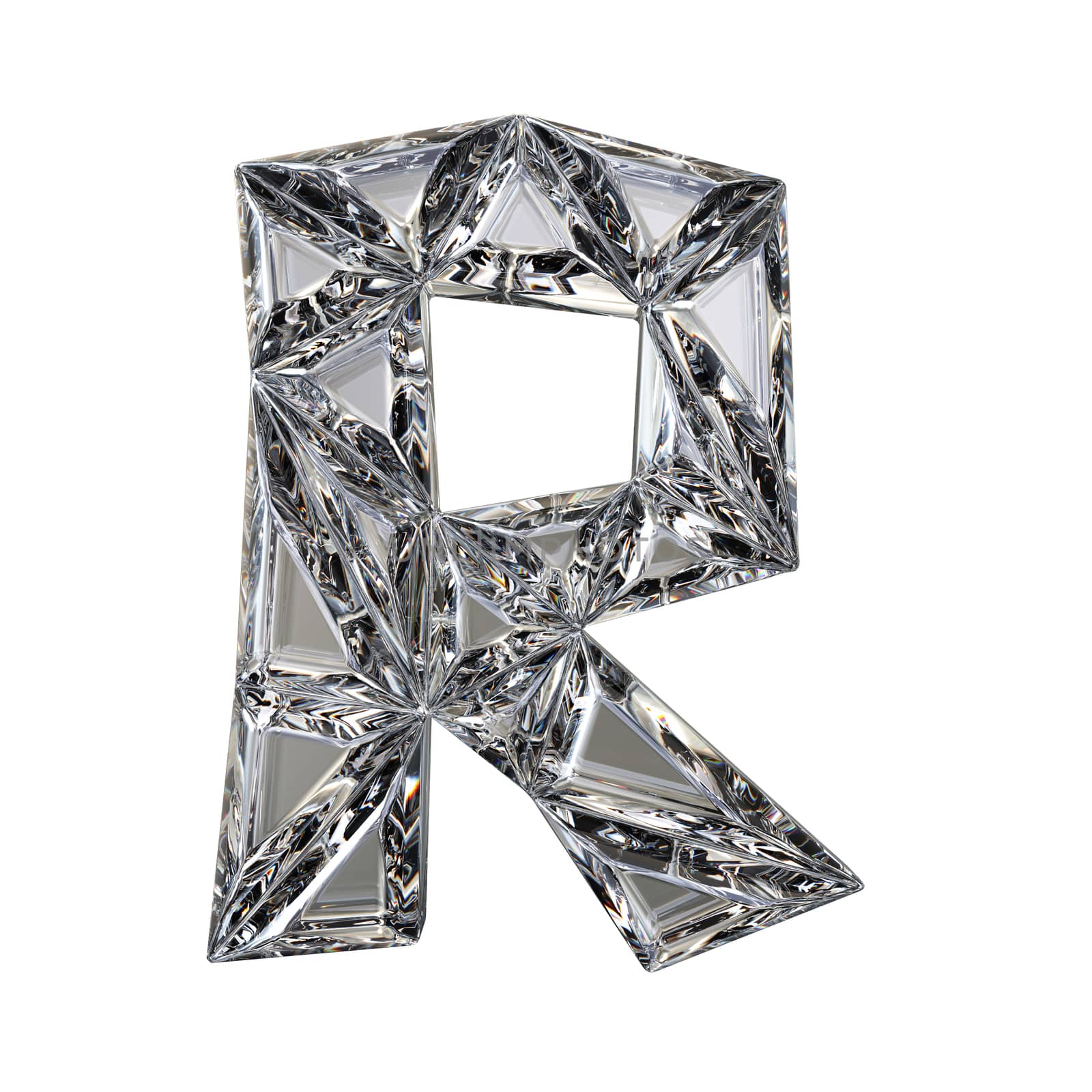 Crystal triangulated font letter R 3D render illustration isolated on white background