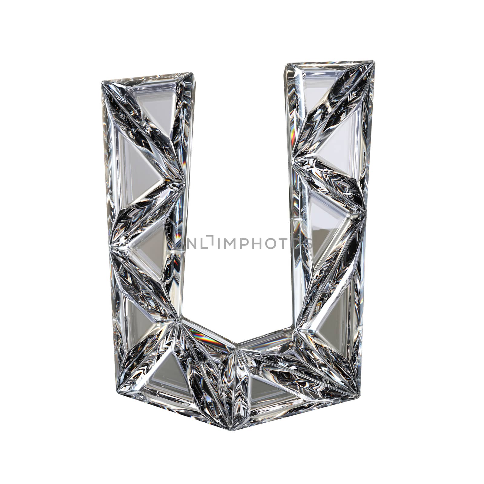 Crystal triangulated font letter U 3D render illustration isolated on white background