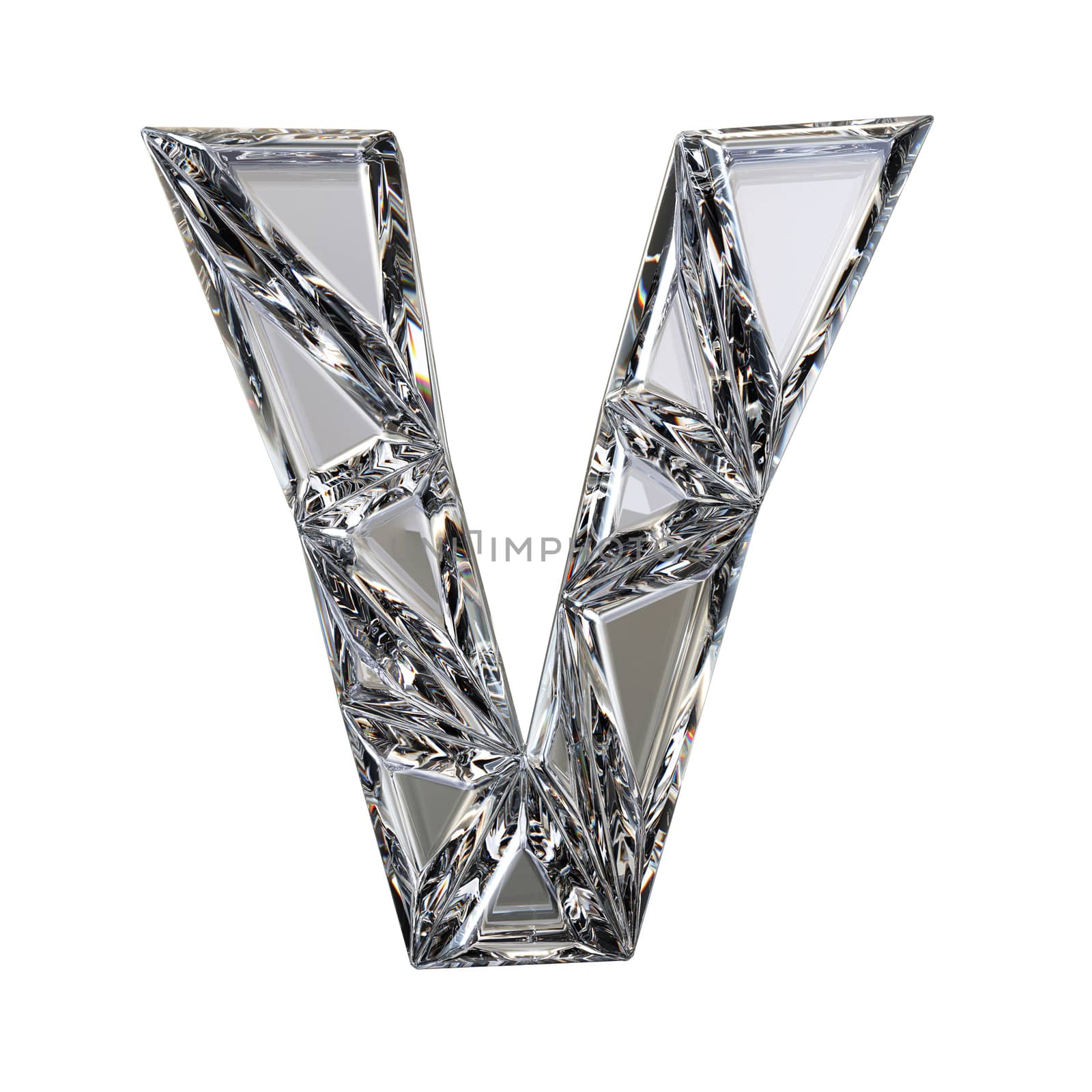 Crystal triangulated font letter V 3D render illustration isolated on white background