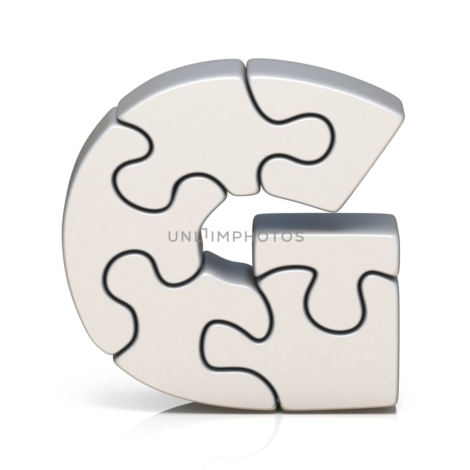 White puzzle jigsaw letter G 3D render illustration isolated on white background